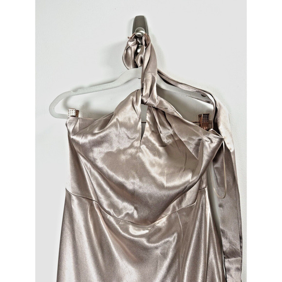 NWT Birdy Grey Monica Halter Satin Taupe Bridesmaid Formal Party Glam Maxi Gown - Picture 3 of 10